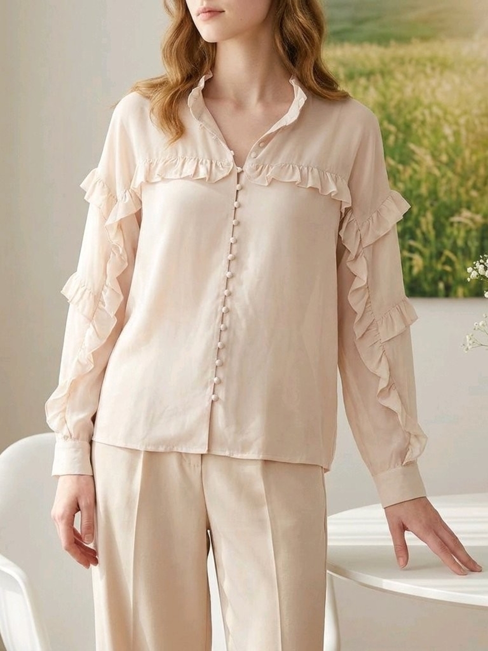 H&M Soft Cream Ruffle Button-Up Blouse